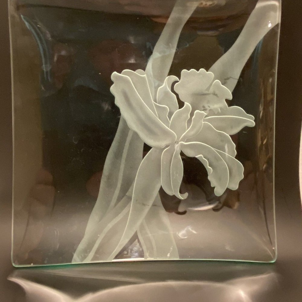 Dorothy‎ Thorpe etched signed Iris glass platter square MCM art appetizers 11"